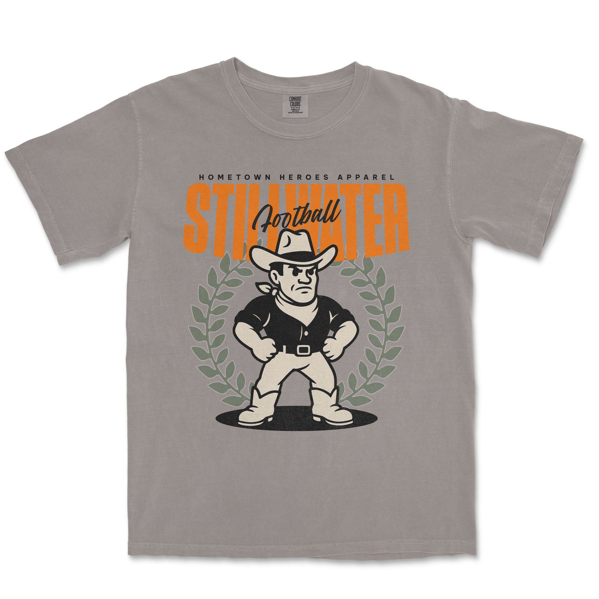 Gray t-shirt with a graphic of a cowboy and text on a white background