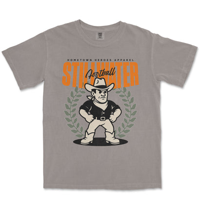 Gray t-shirt with a graphic of a cowboy and text on a white background