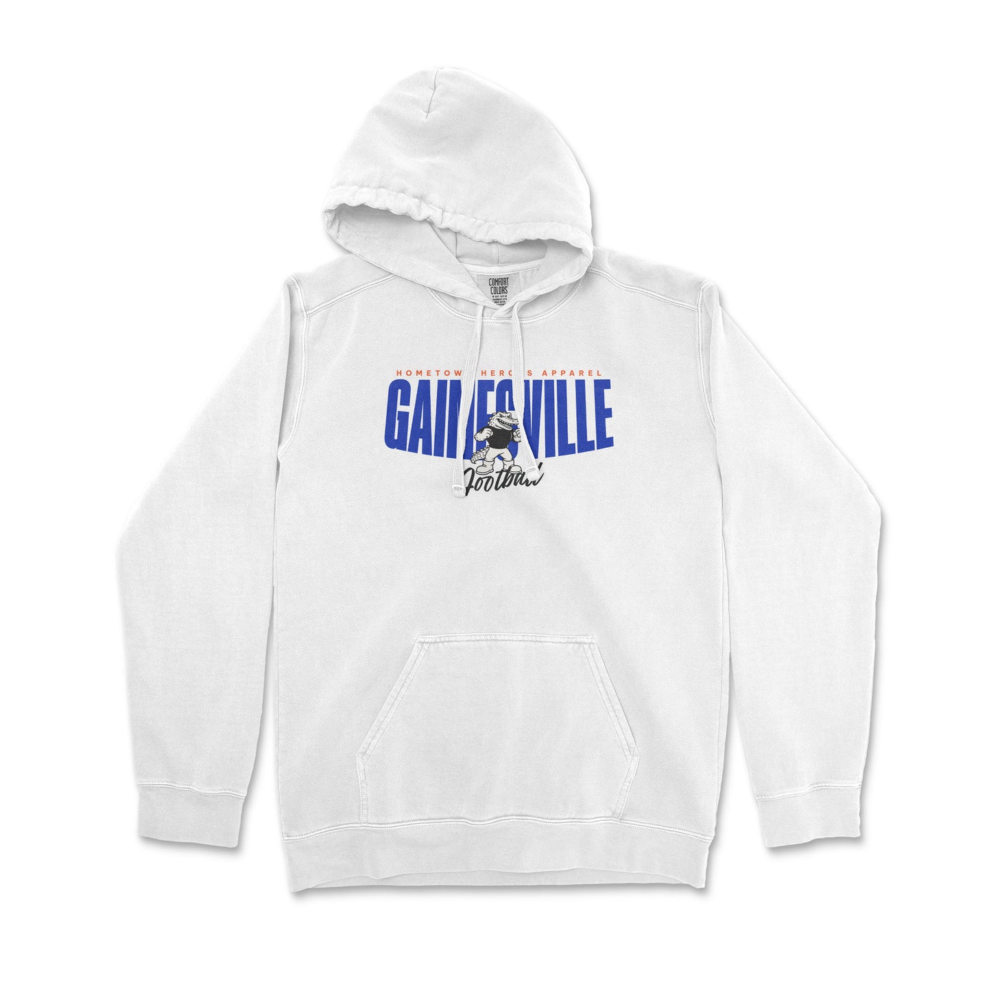 White hoodie with 'Gainesville' text and graphic on a white background
