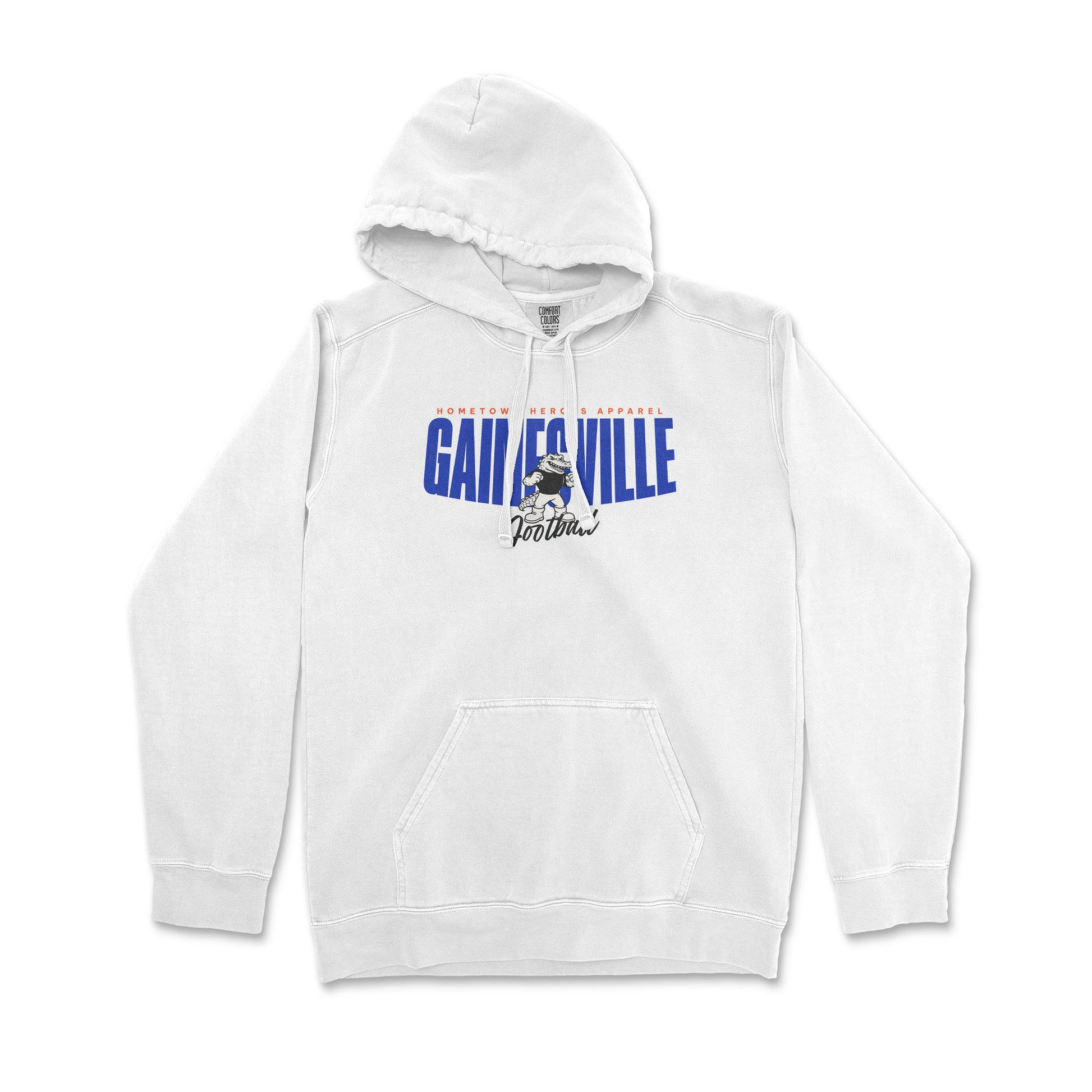 White hoodie with 'Gainesville' text and graphic on a white background