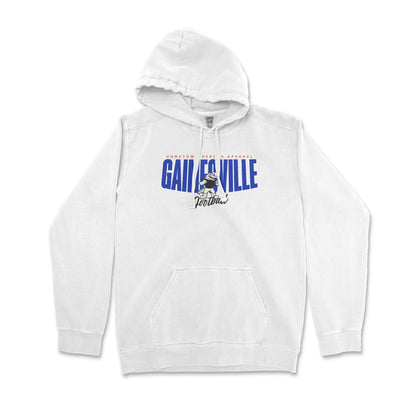White hoodie with 'Gainesville' text and graphic on a white background