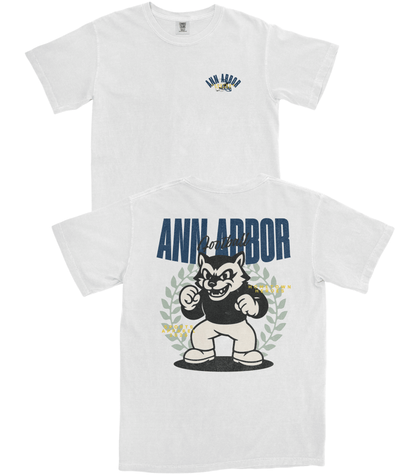 White t-shirt with 'Ann Arbor' graphic design on a white background