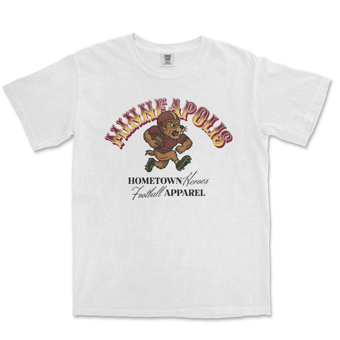 White t-shirt with a graphic of a bear and text on a white background