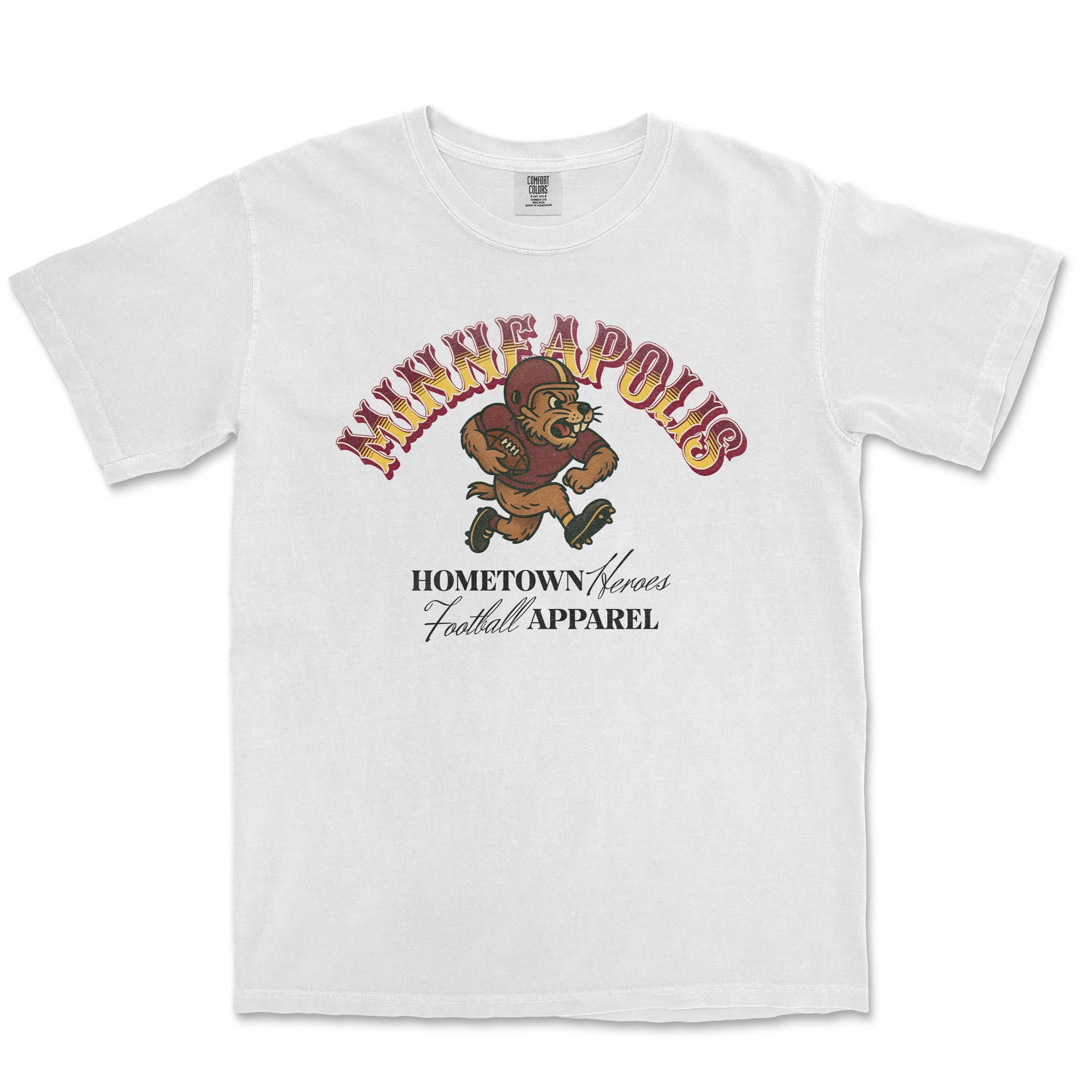 White t-shirt with a graphic of a bear and text on a white background