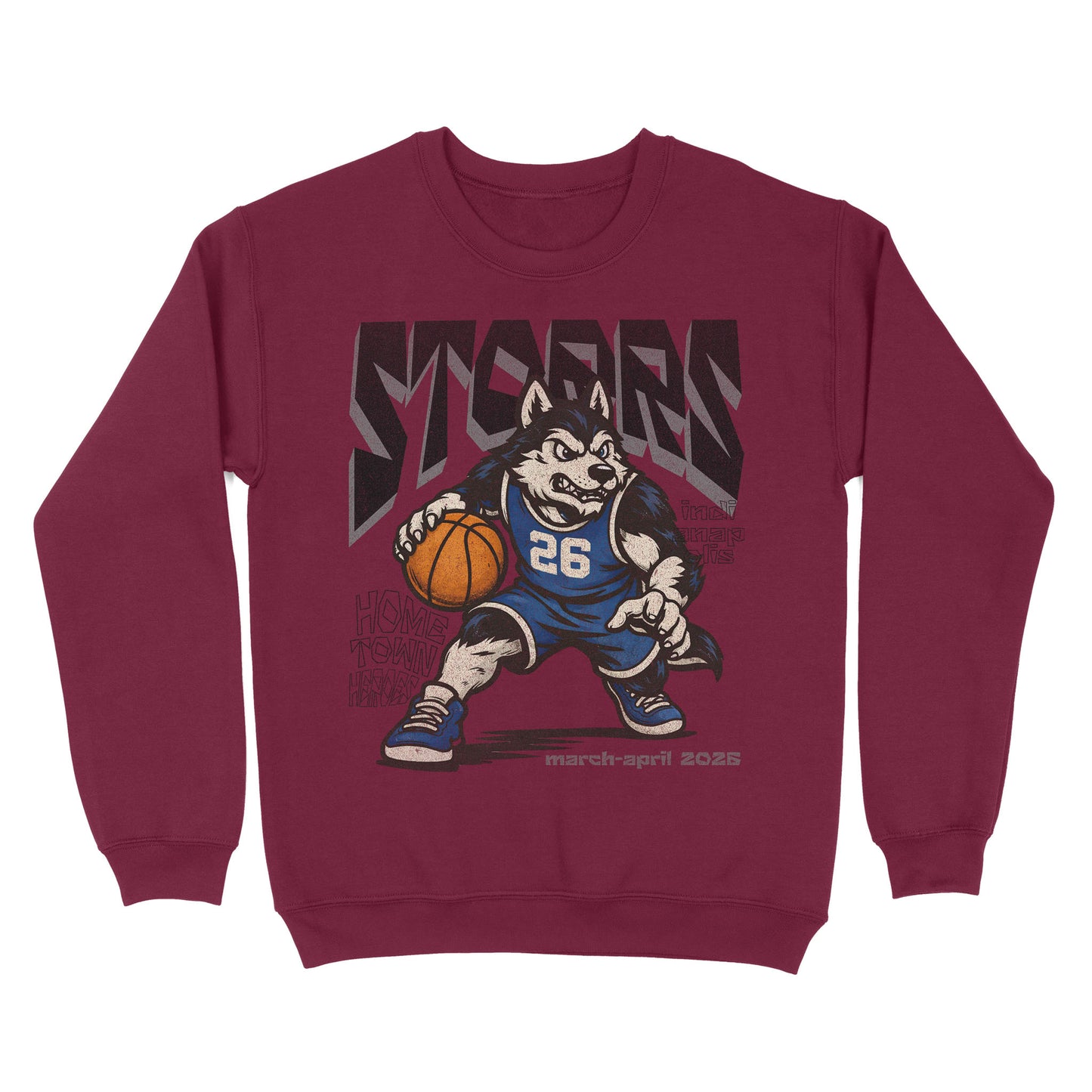 Maroon sweatshirt with a cartoon dog holding a basketball and 'STORMS' text on a white background