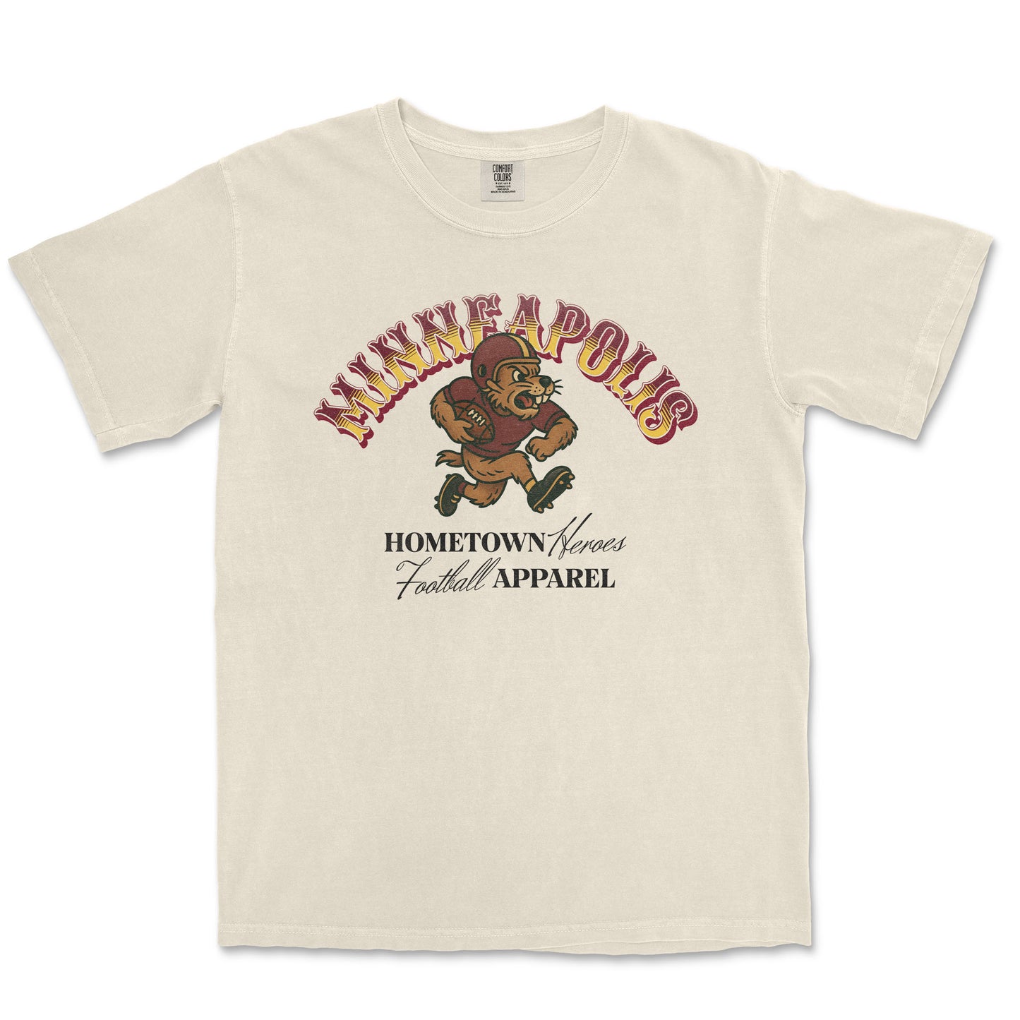 Beige t-shirt with graphic design of a bear and text on a white background