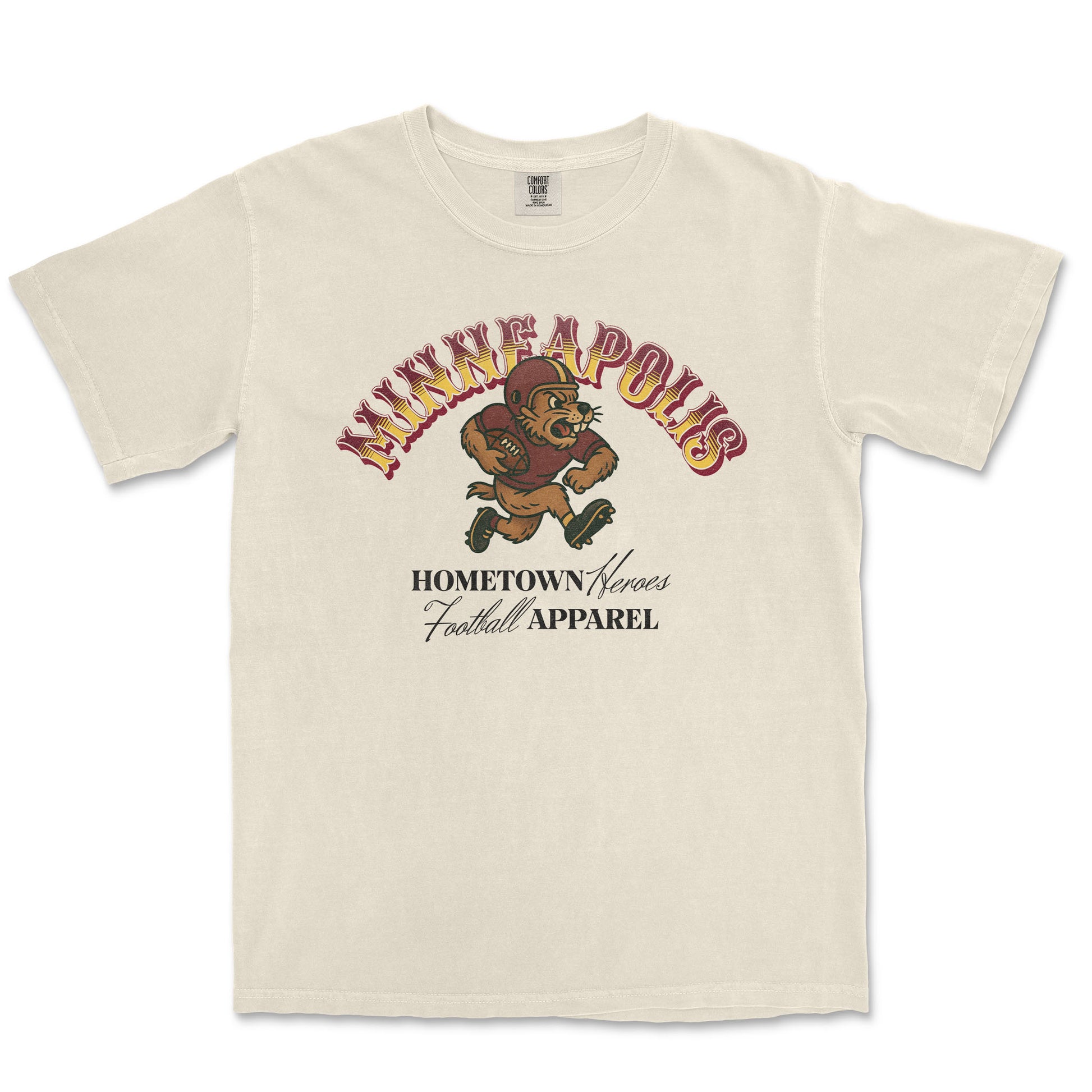 Beige t-shirt with graphic design of a bear and text on a white background
