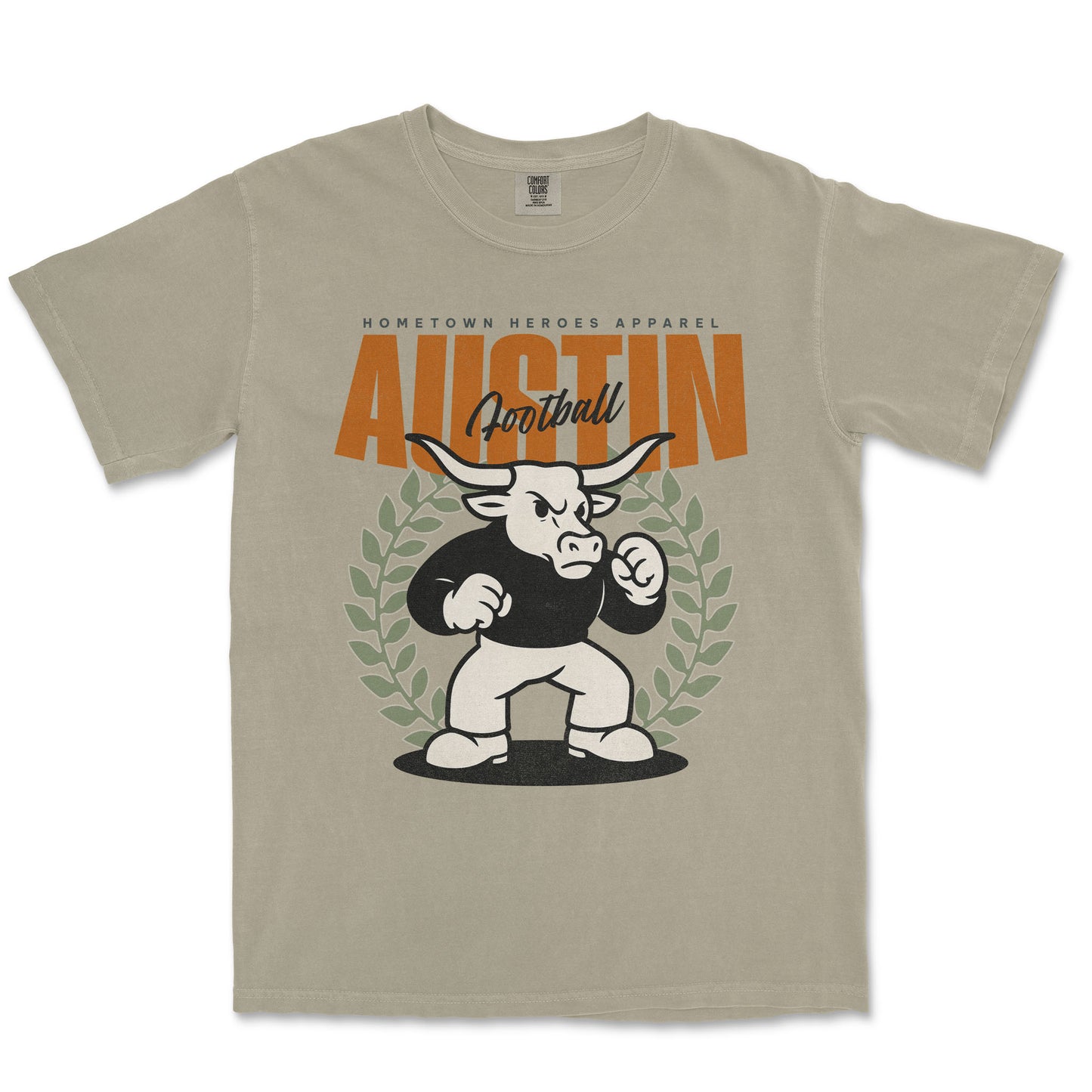 Beige t-shirt with a graphic of a bull and text on a white background