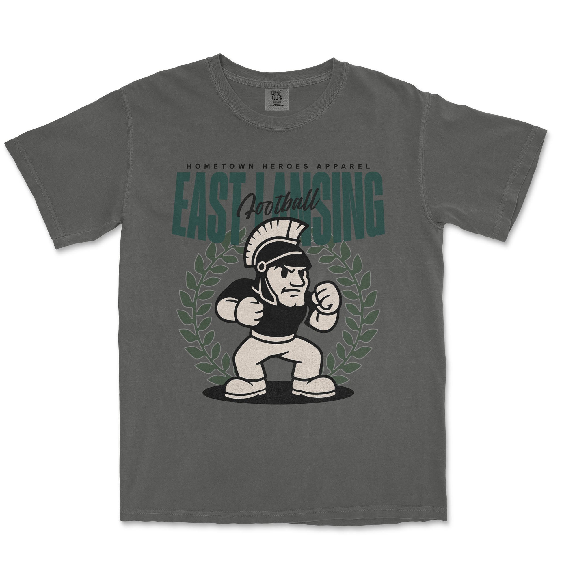 Gray t-shirt with a graphic of a mascot and text on a white background