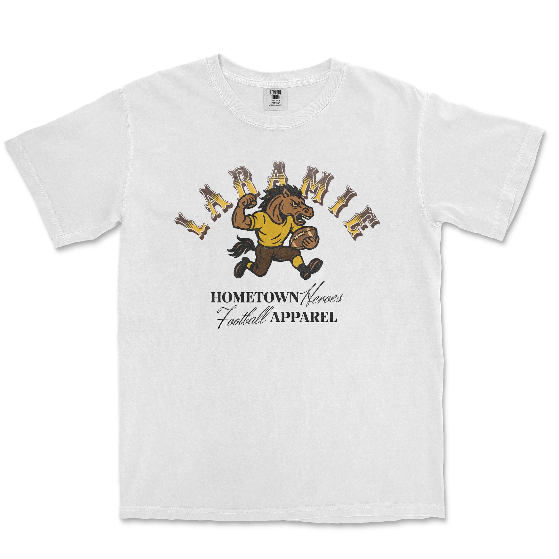 White t-shirt with a graphic of a horse and text on a white background