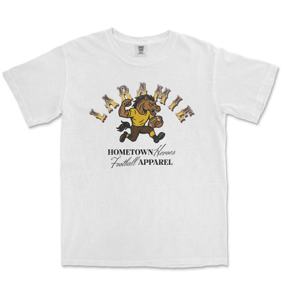 White t-shirt with a graphic of a horse and text on a white background
