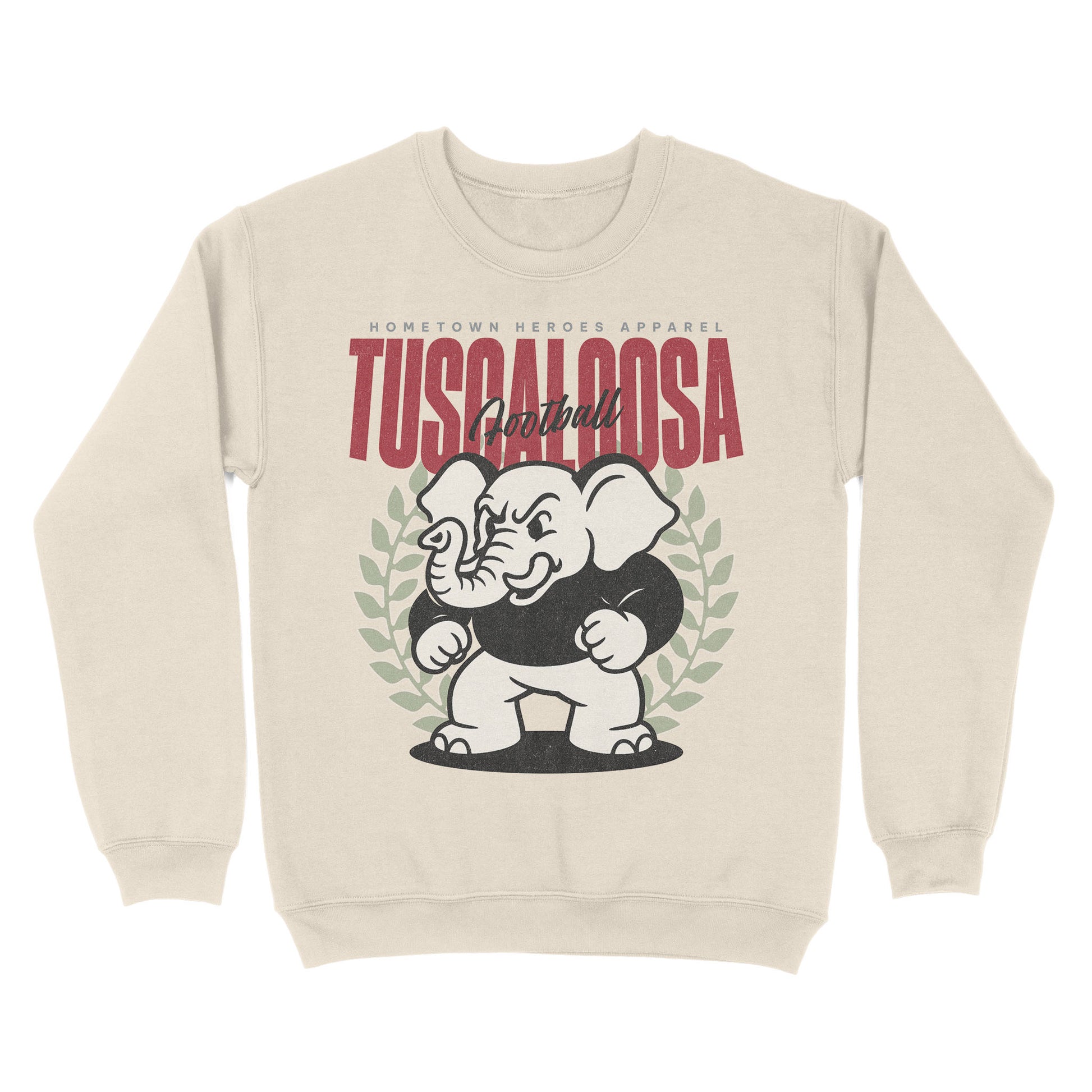 Beige sweatshirt with an elephant graphic and text on a white background