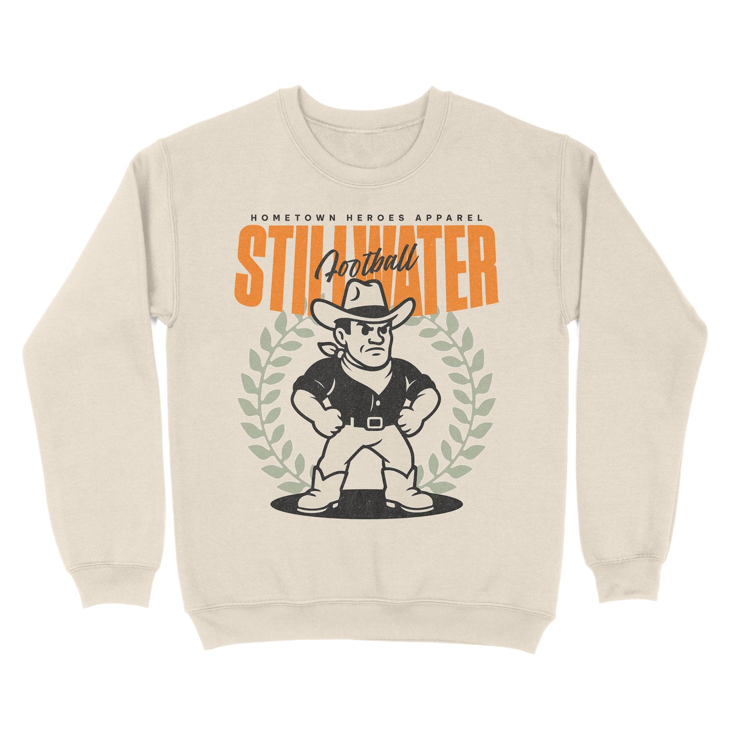 Beige sweatshirt with a graphic of a football player and 'Stillwater' text on a white background