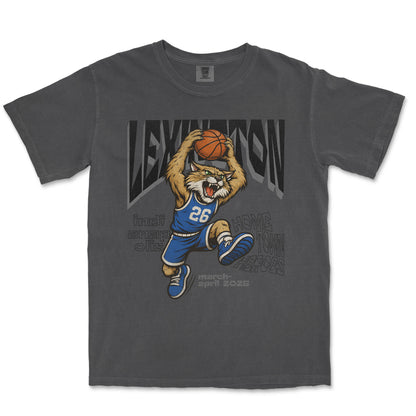 Gray t-shirt with a graphic of a lion playing basketball and text on a white background
