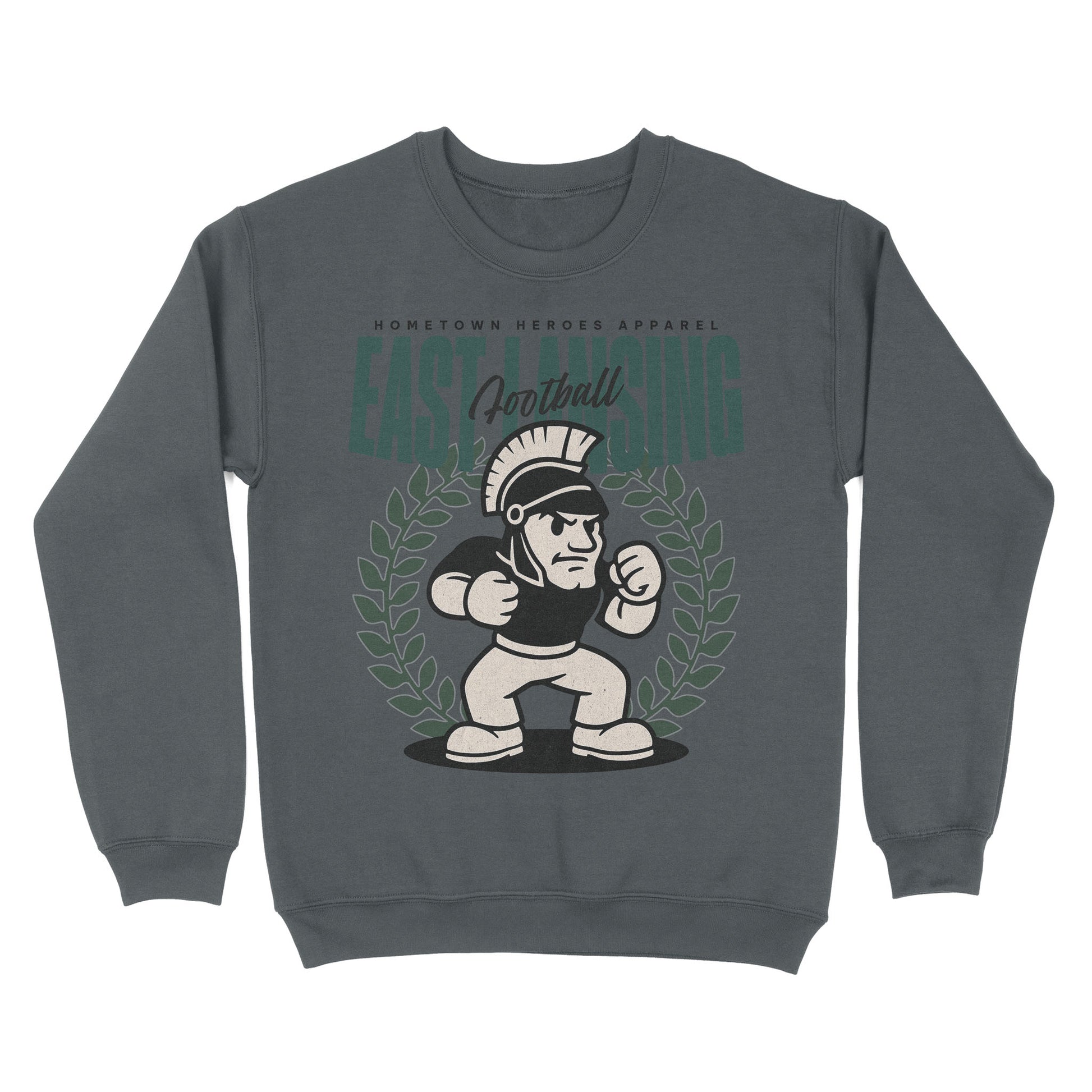 Gray sweatshirt with a graphic design of a football player and laurel wreath on a white background