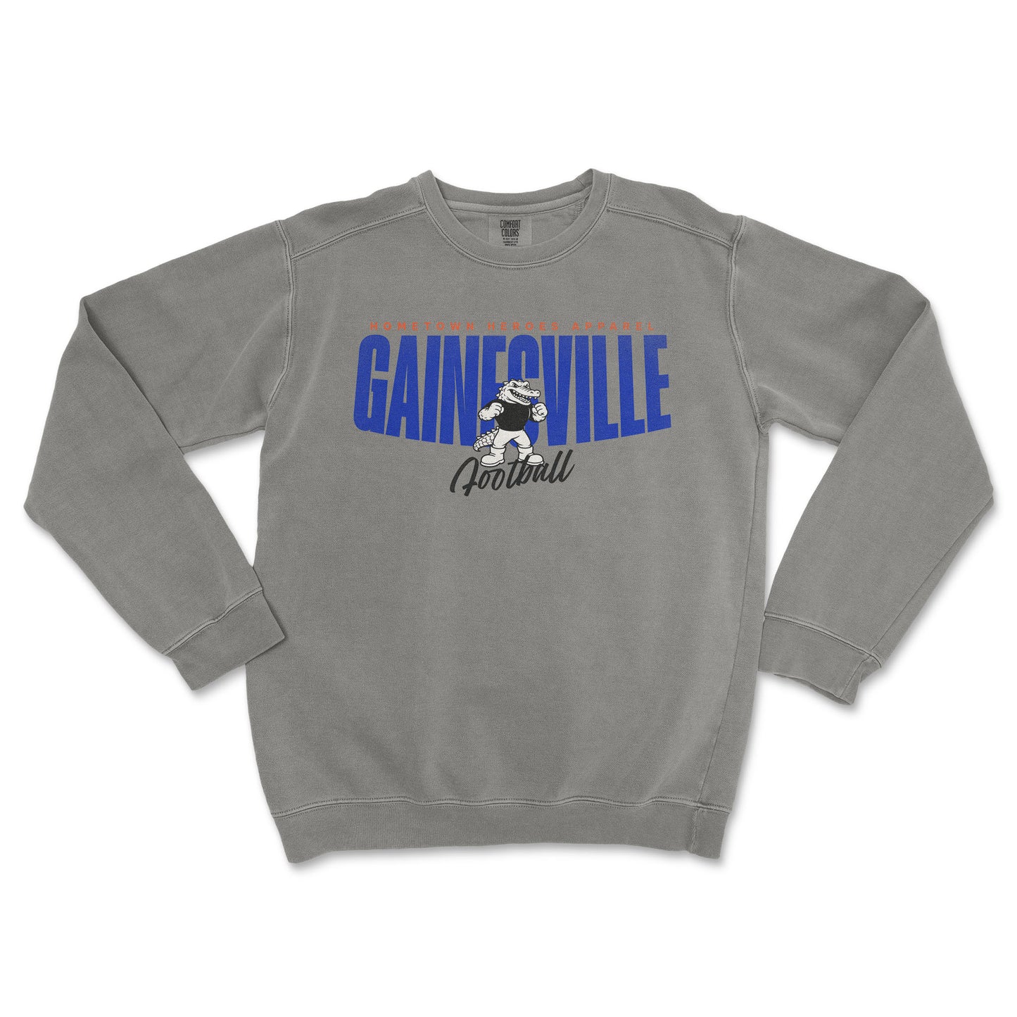 Gray sweatshirt with 'Gainesville Football' text and graphic on a white background