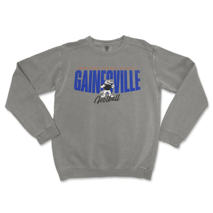 Gray sweatshirt with 'Gainesville Football' text and graphic on a white background