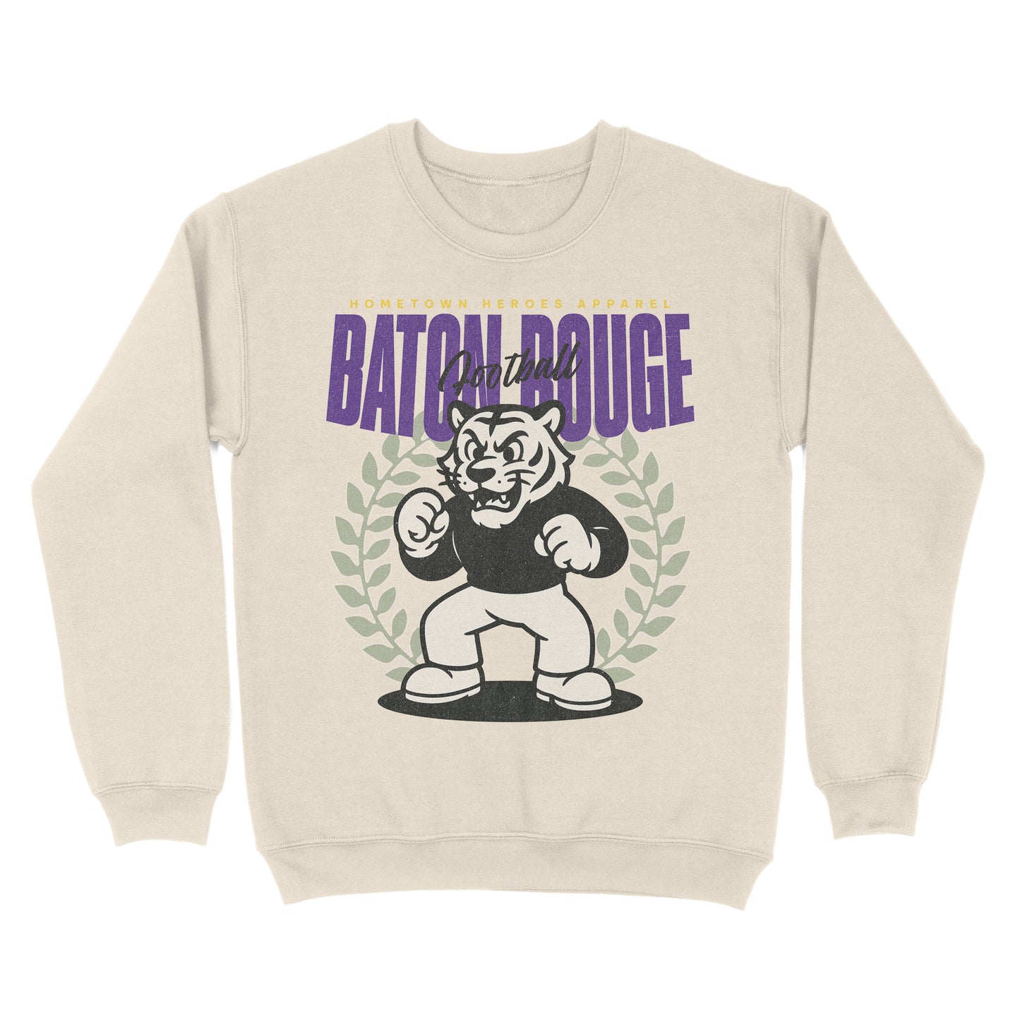 Beige sweatshirt with a graphic of a tiger and text 'Batch Rougé' on a white background