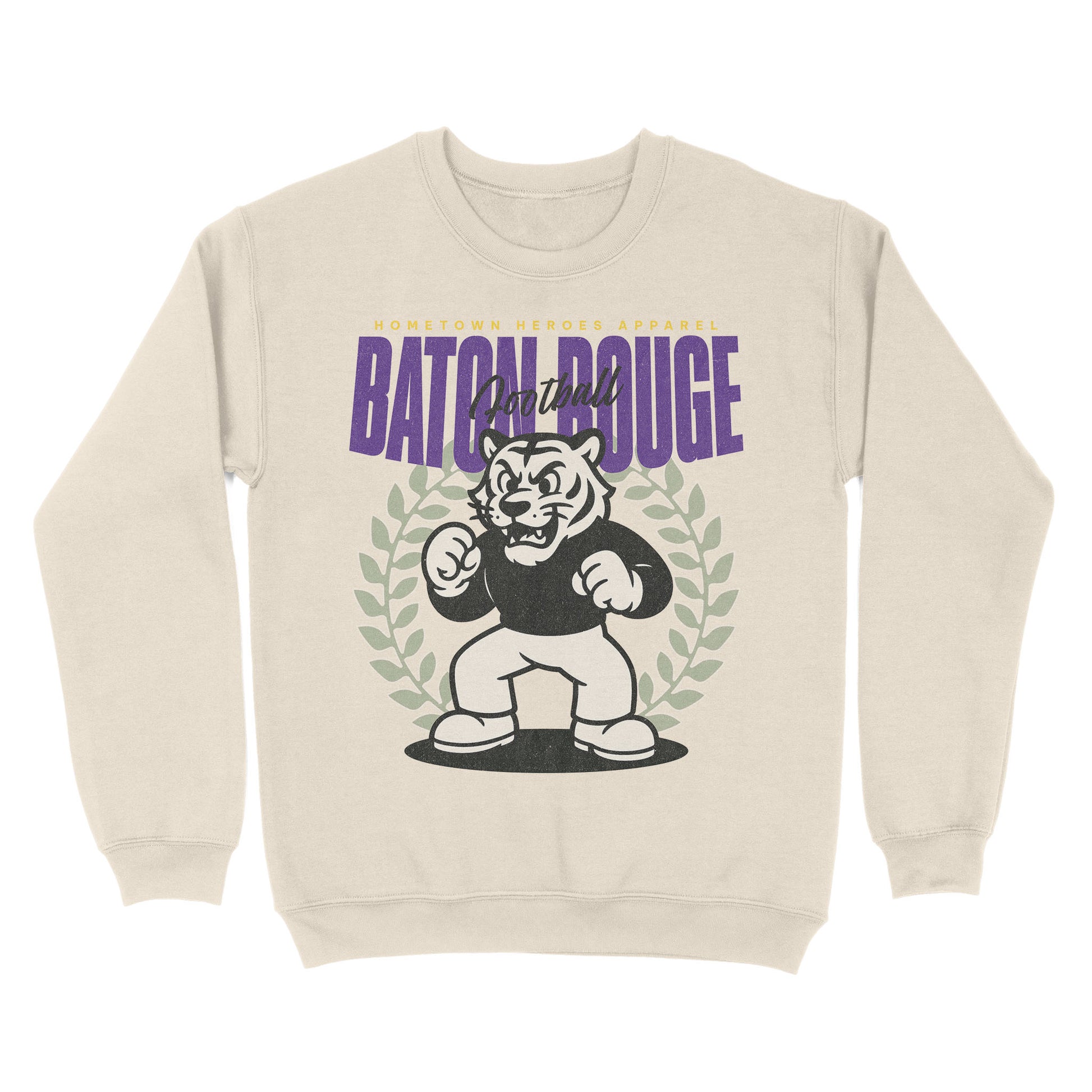Beige sweatshirt with a graphic of a tiger and text 'Batch Rougé' on a white background