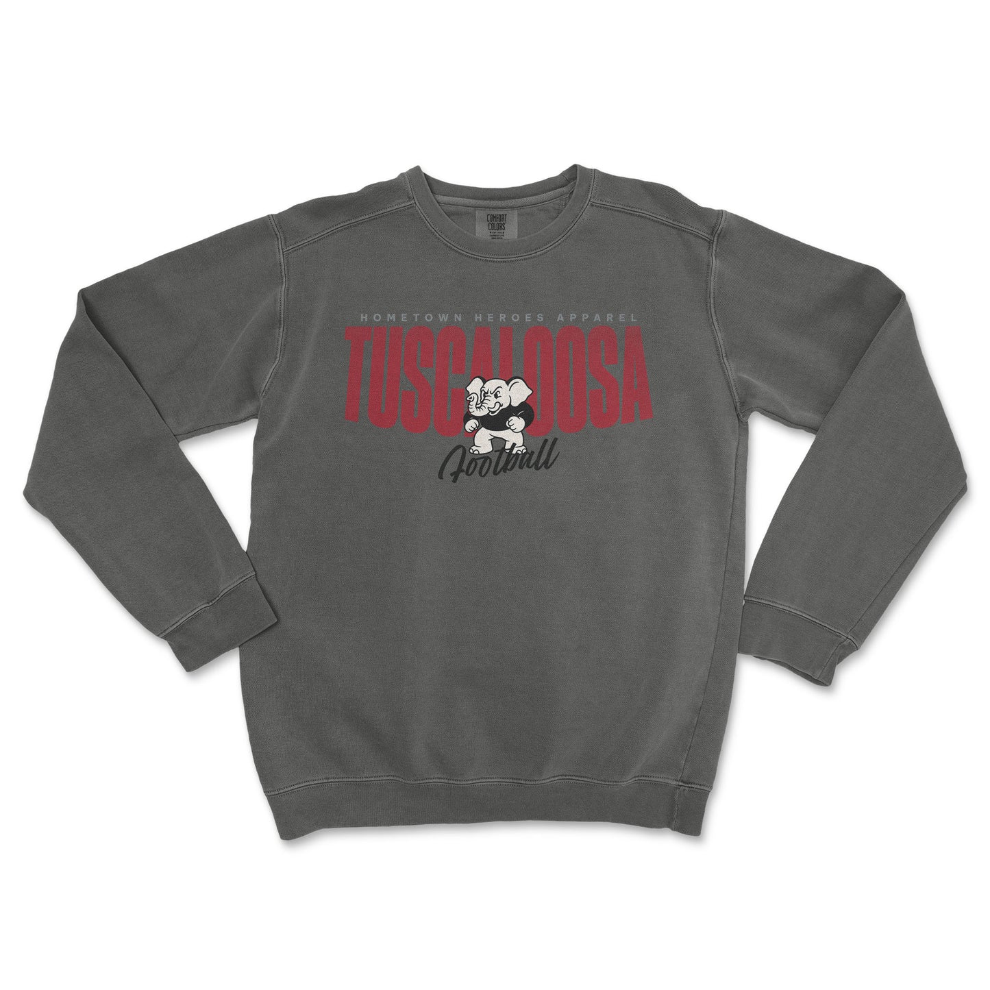 Gray sweatshirt with red and white graphic on a white background