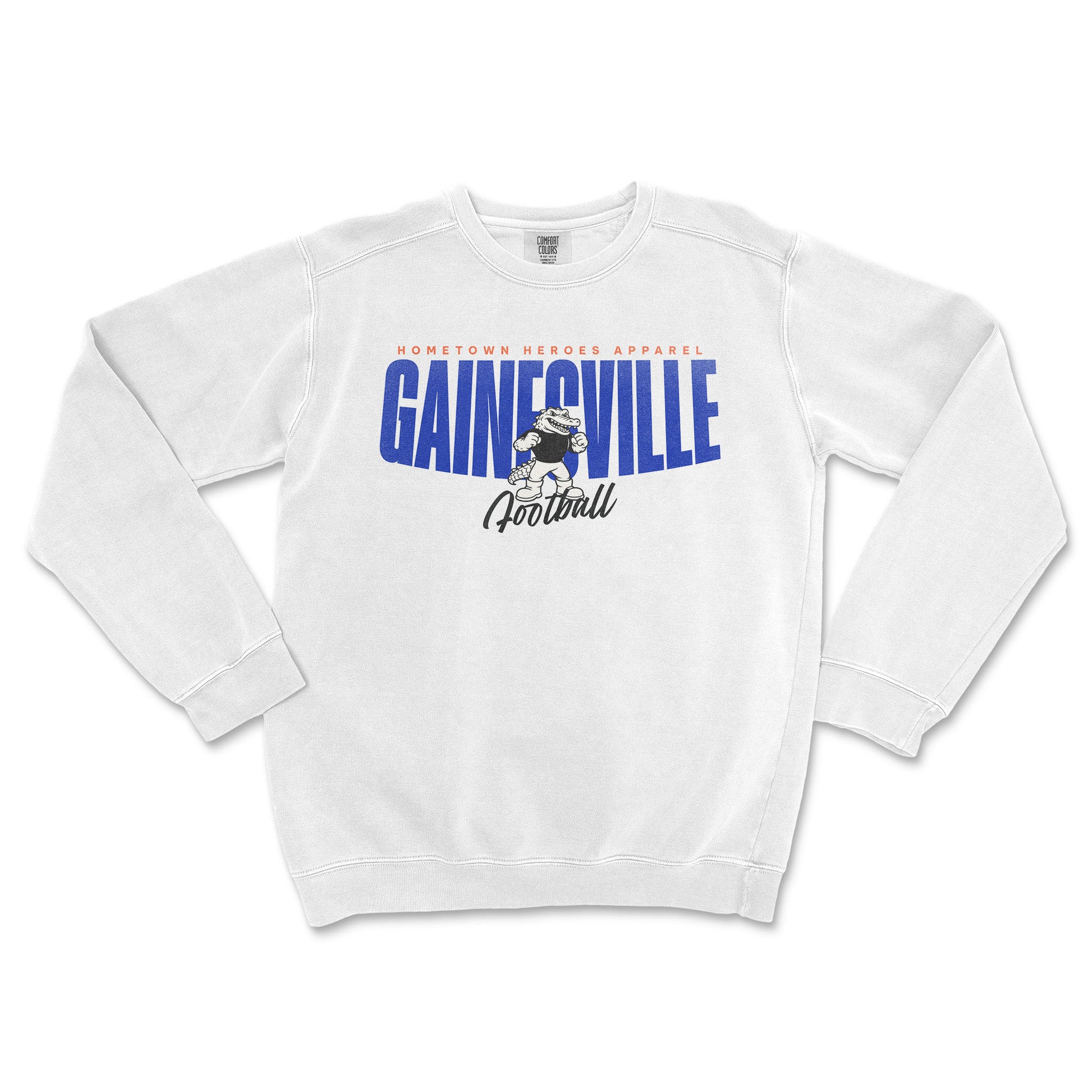 White sweatshirt with 'Gainesville Football' text and graphic on a white background