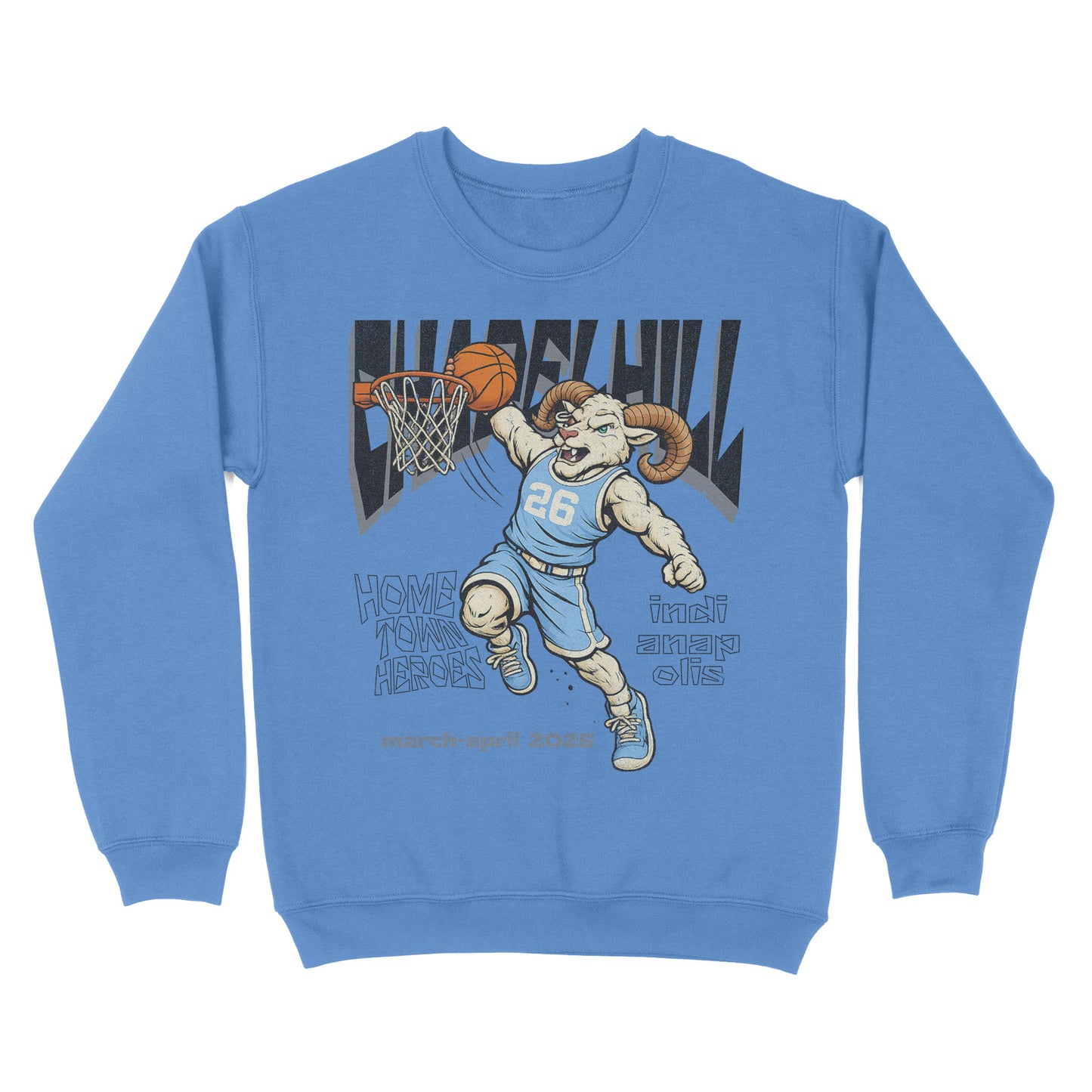 Blue sweatshirt with a graphic of a ram playing basketball and 'Chucky Hill' text on a white background