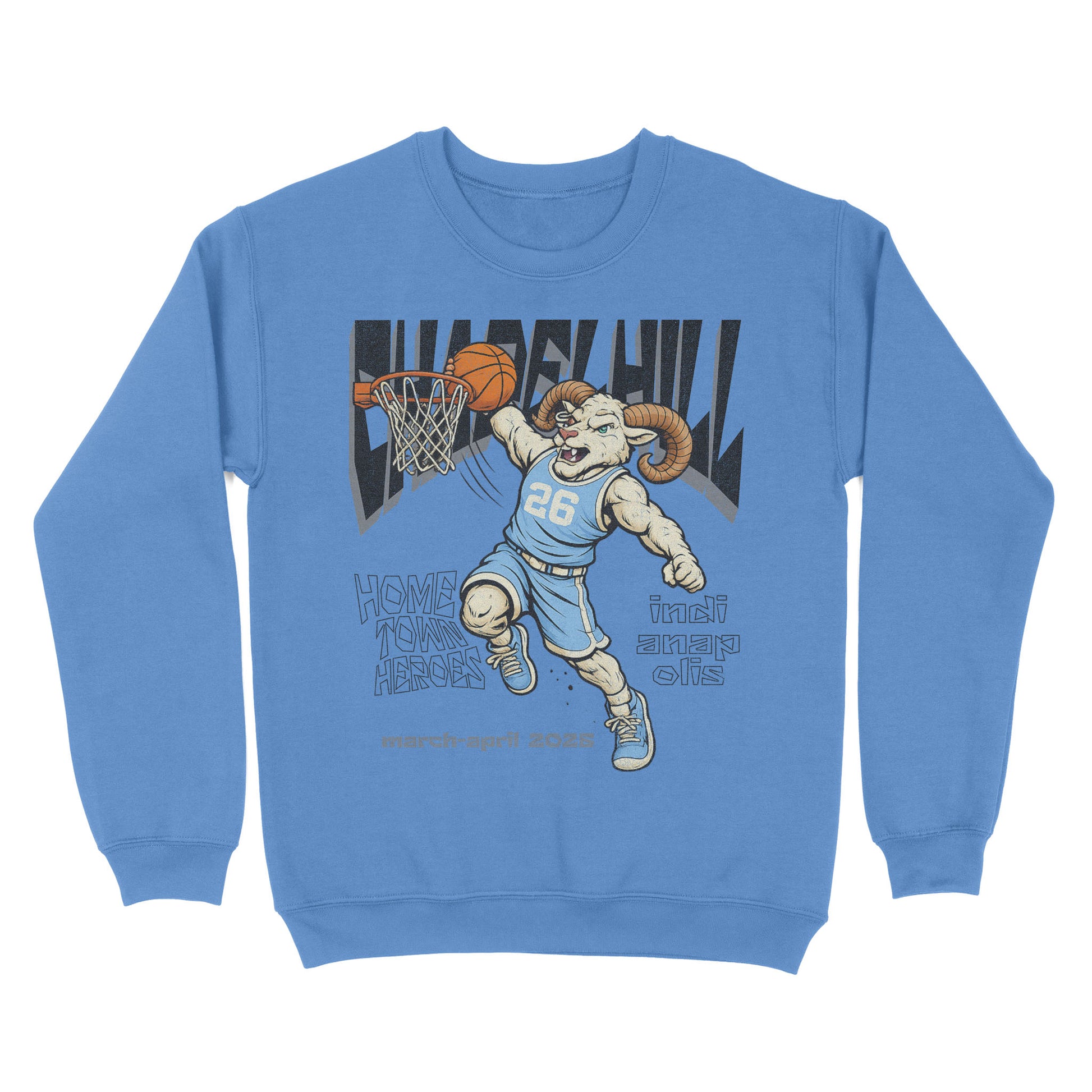Blue sweatshirt with a graphic of a ram playing basketball and 'Chucky Hill' text on a white background