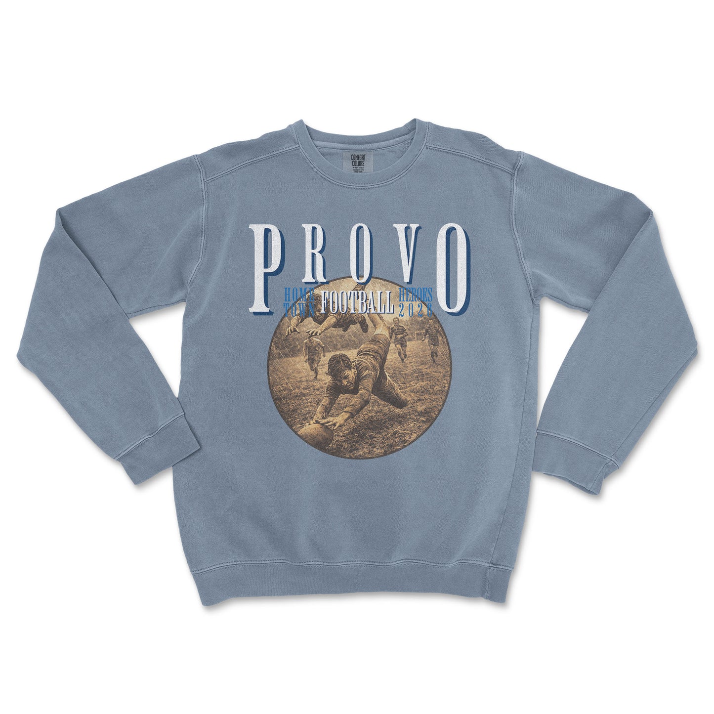 Blue sweatshirt with 'PROVO' and football graphic on a white background