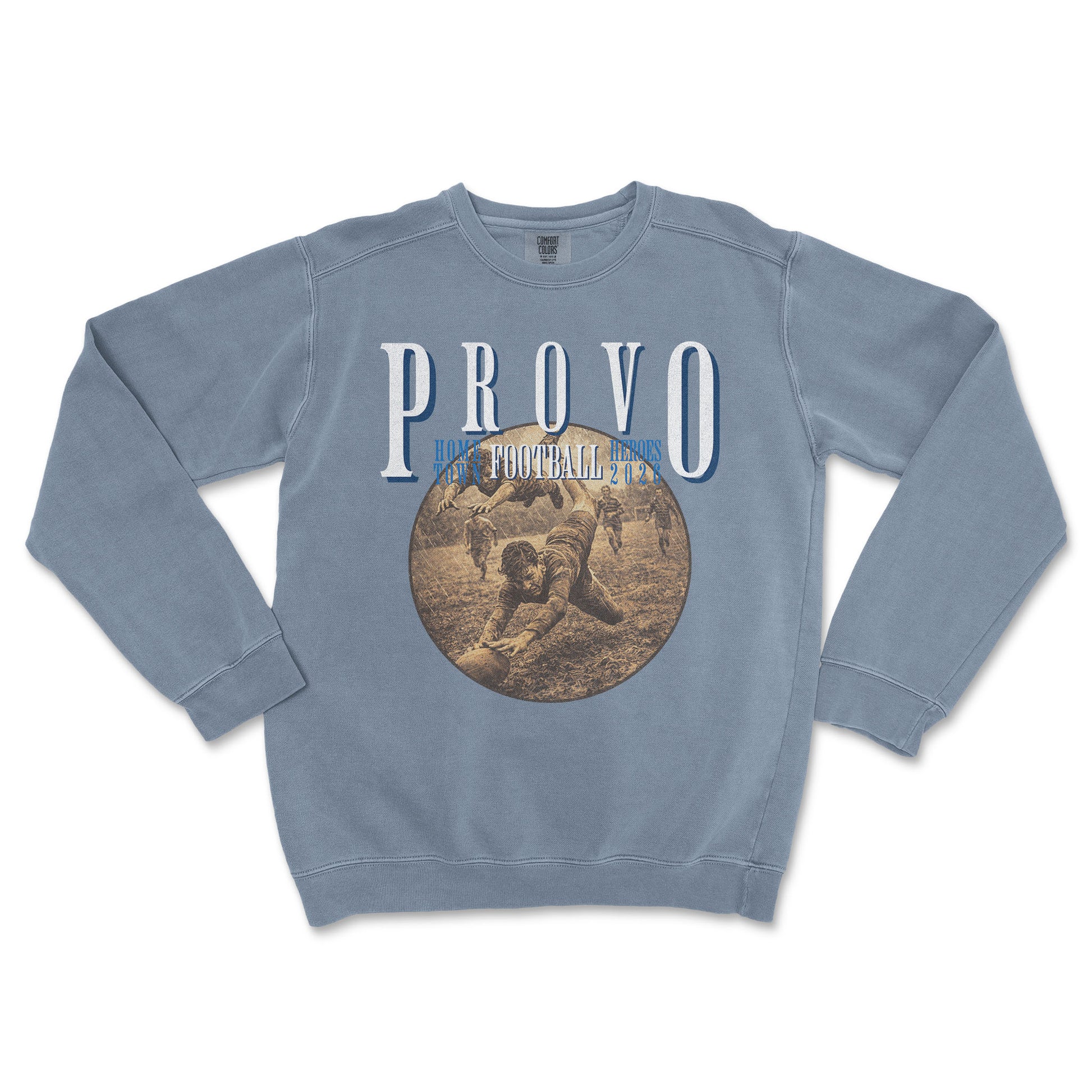 Blue sweatshirt with 'PROVO' and football graphic on a white background