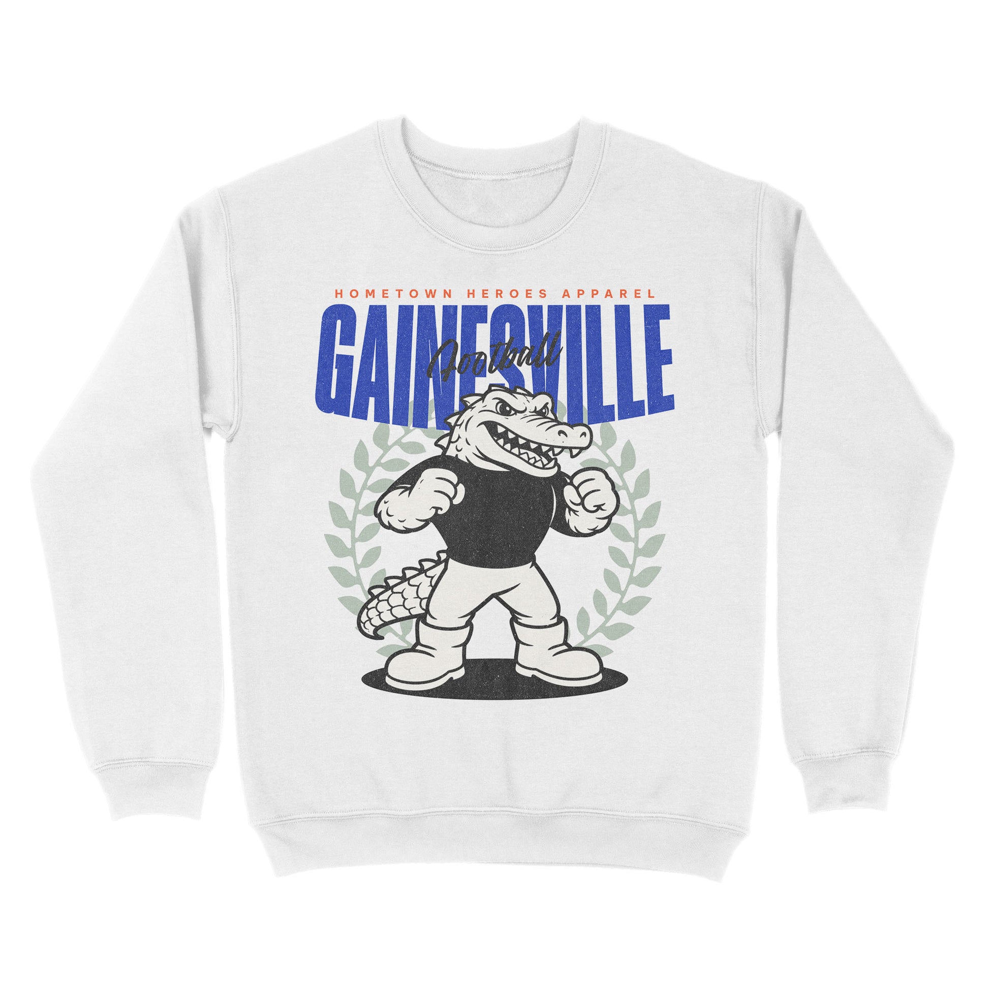 White sweatshirt with 'Gainesville' and alligator graphic on a white background