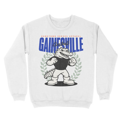 White sweatshirt with 'Gainesville' and alligator graphic on a white background