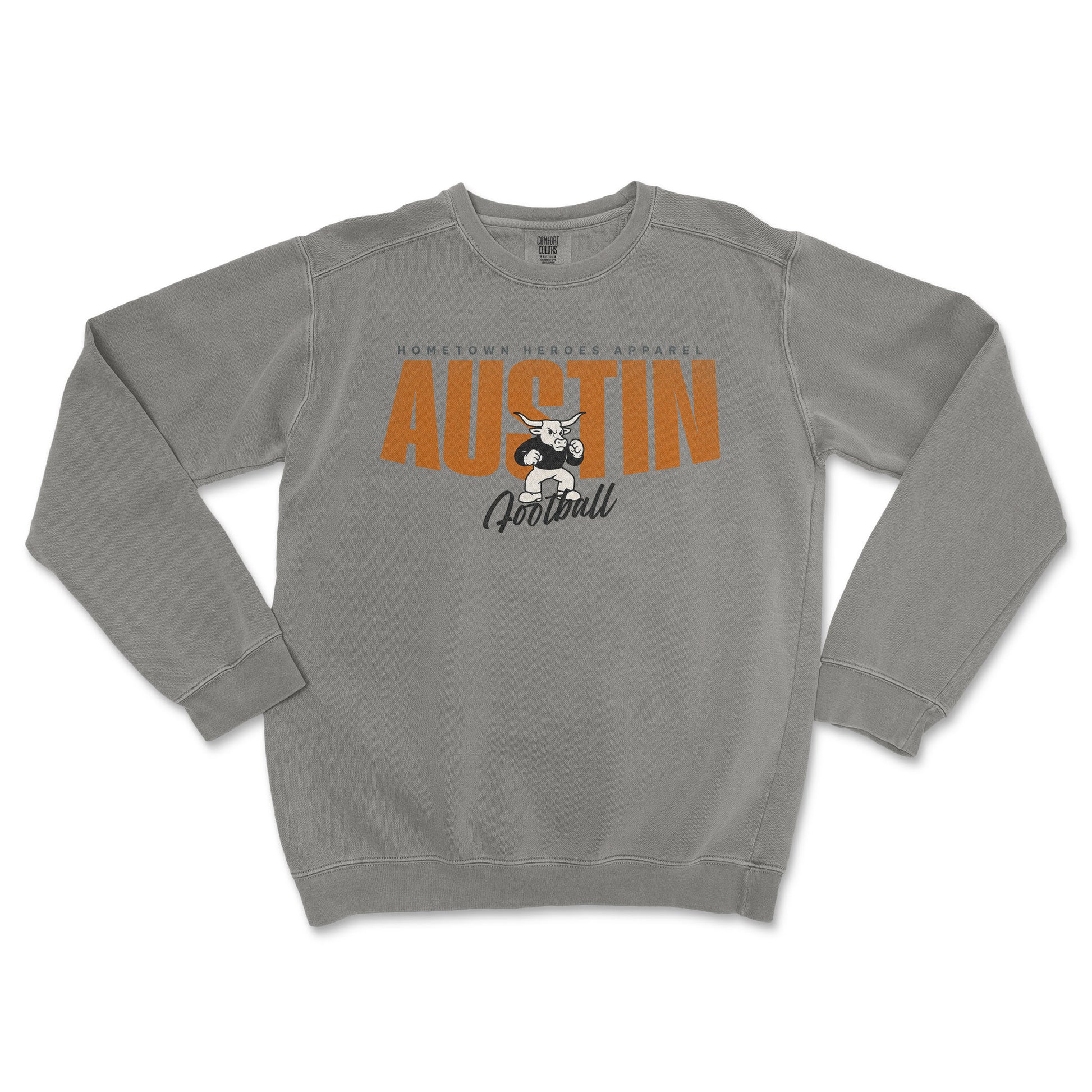 Gray sweatshirt with 'Austin Football' text and graphic on a white background