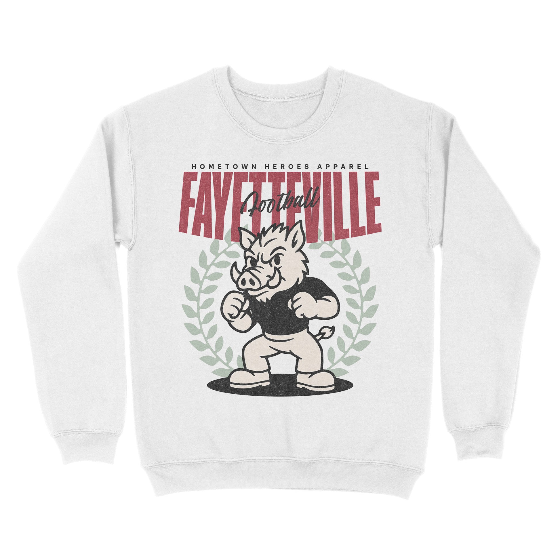 White sweatshirt with a graphic of a mascot and text on a white background