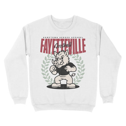 White sweatshirt with a graphic of a mascot and text on a white background
