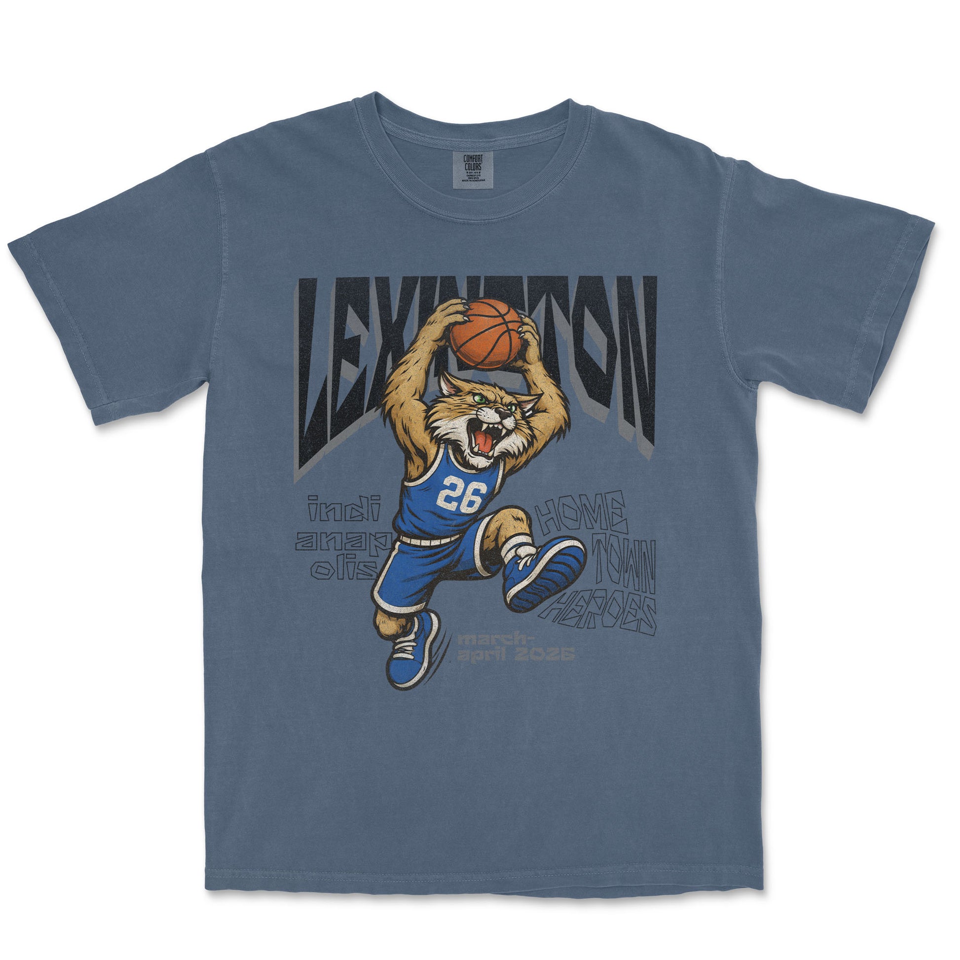 Blue t-shirt with a graphic of a lion playing basketball and text on a white background