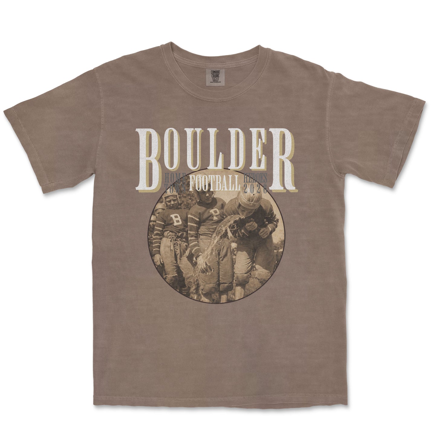 Brown t-shirt with 'BOULDER FOOTBALL' graphic on a white background