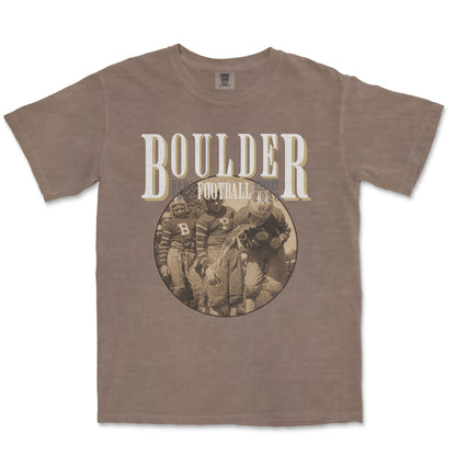Brown t-shirt with 'BOULDER FOOTBALL' graphic on a white background
