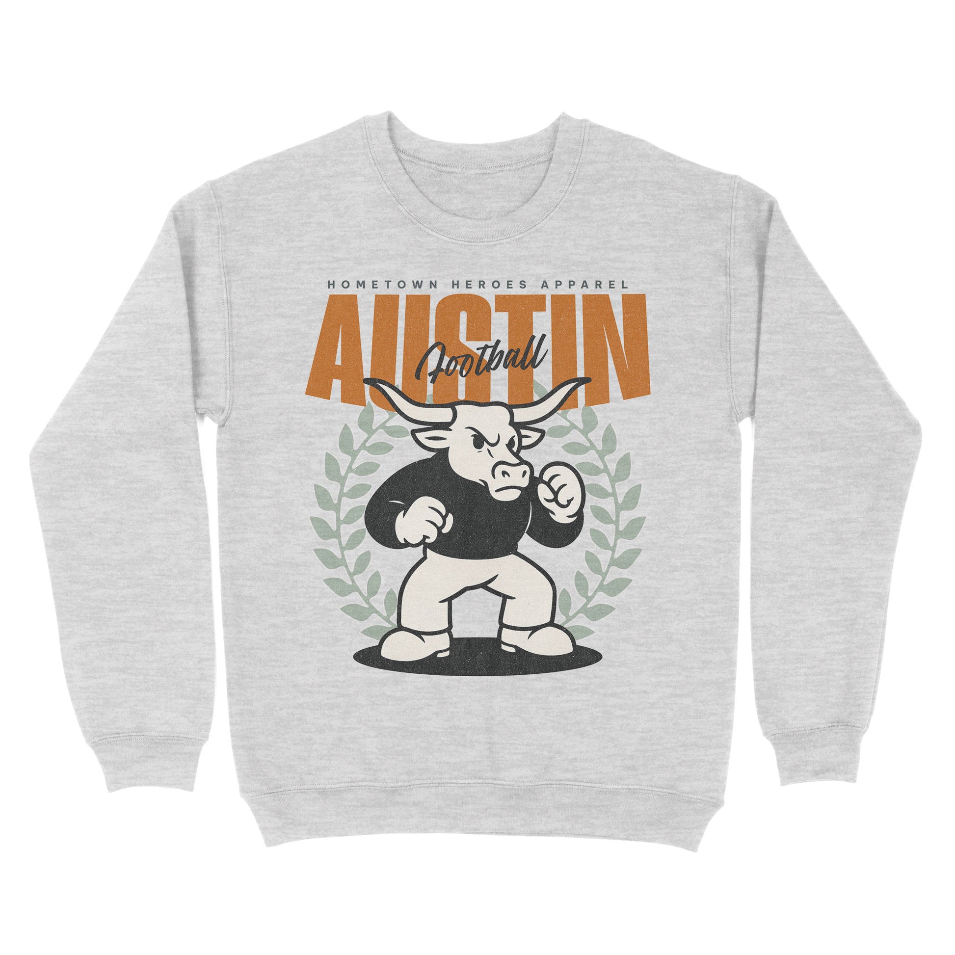 Gray sweatshirt with a bull graphic and 'Austin Football' text on a white background