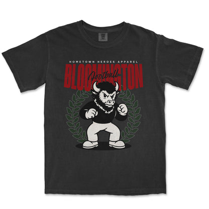 Black t-shirt with a graphic of a bull and text on a white background