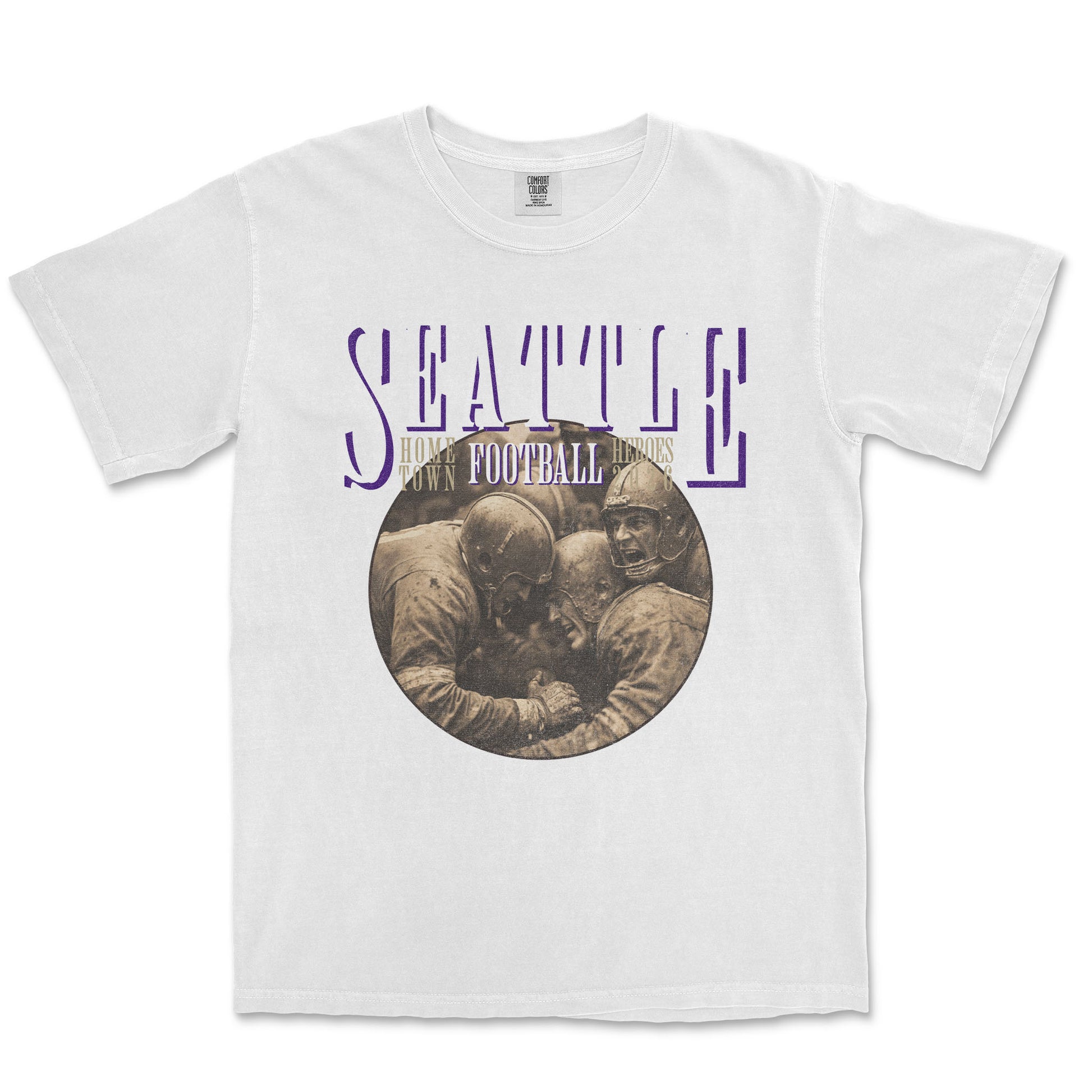 White t-shirt with 'Seattle Football' graphic design on a white background
