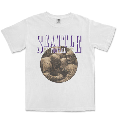 White t-shirt with 'Seattle Football' graphic design on a white background