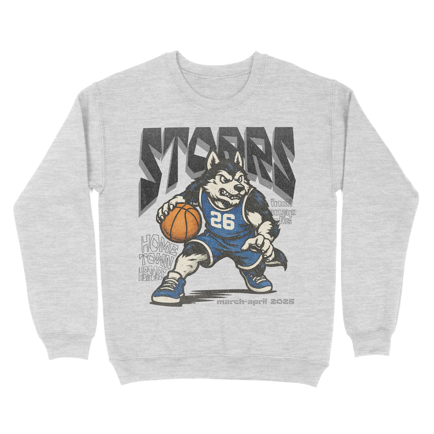 Gray sweatshirt with a cartoon dog holding a basketball and 'Stags' text on a white background