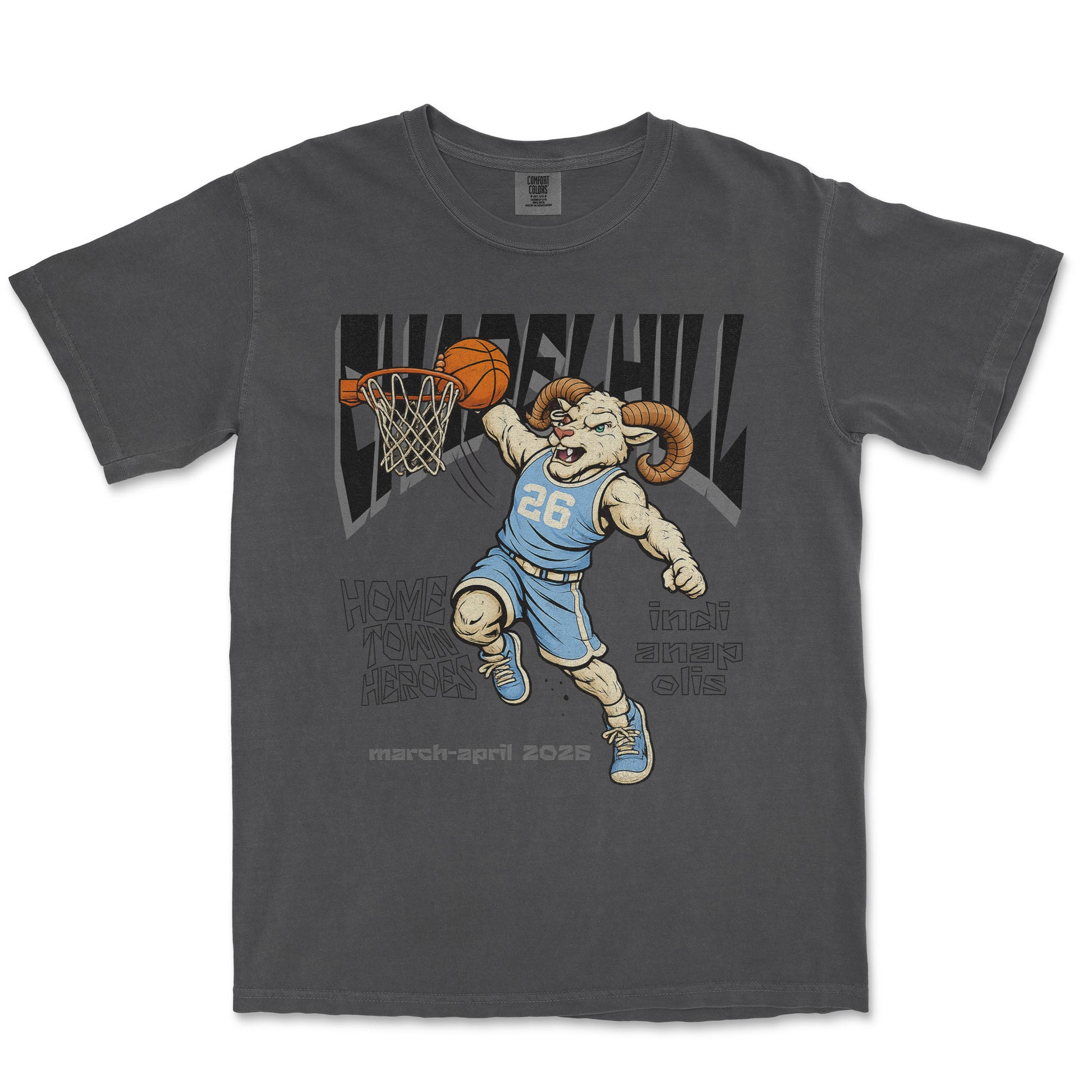 Gray t-shirt with a graphic of a ram playing basketball on a white background