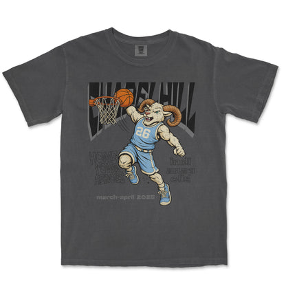 Gray t-shirt with a graphic of a ram playing basketball on a white background