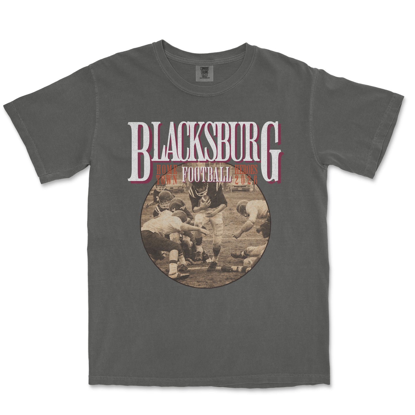 Gray t-shirt with 'Blacksburg Football' design on a white background