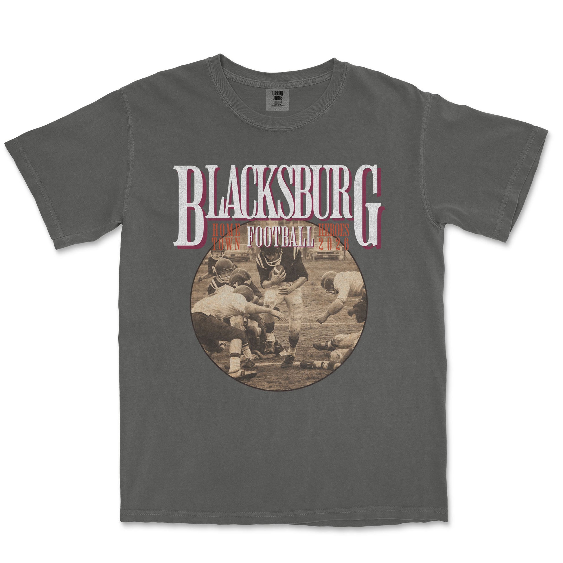 Gray t-shirt with 'Blacksburg Football' design on a white background