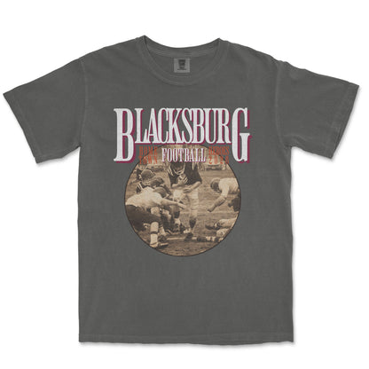 Gray t-shirt with 'Blacksburg Football' design on a white background