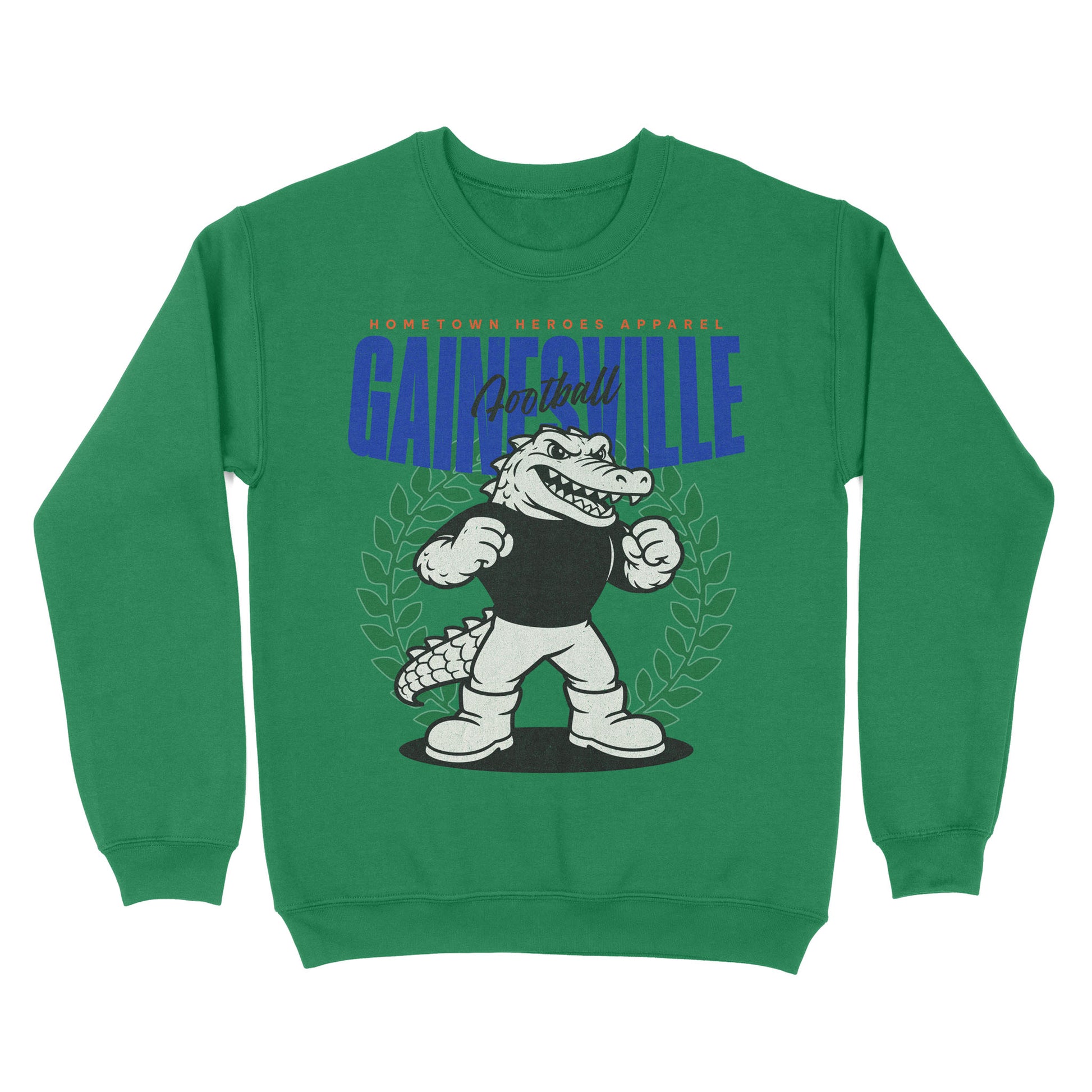 Green sweatshirt with an alligator graphic and 'Gainesville' text on a white background
