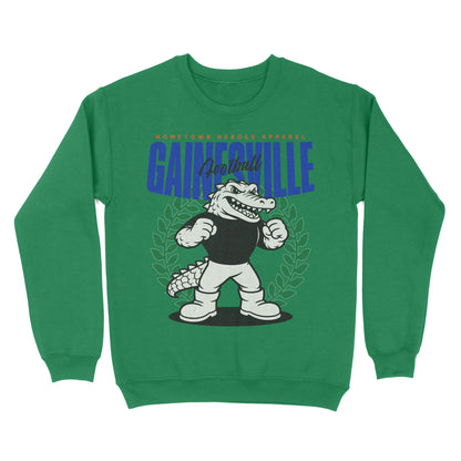 Green sweatshirt with an alligator graphic and 'Gainesville' text on a white background