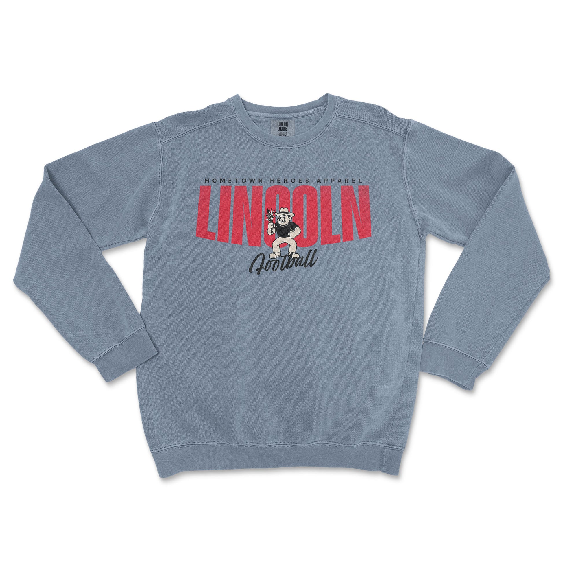 Blue sweatshirt with 'LINCOLN Football' text and graphic on a white background